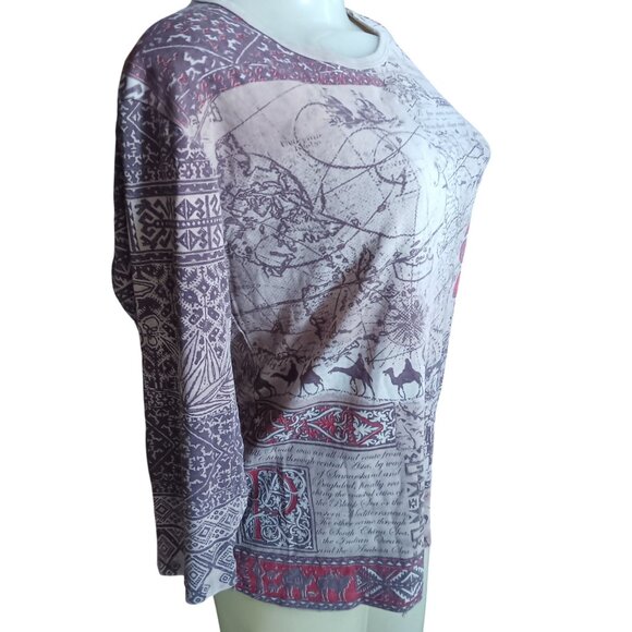Vintage Women' Large Top Y2K Glima Silk Road Map Print Distress Thin AOP USA - Picture 3 of 7